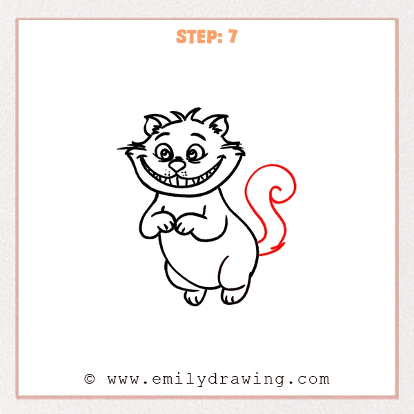 how to draw a cheshire cat - Cheshire Cat drawing now includes a thick, curled spiral tail extending from the back-right side.